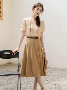 Work Dresses Summer Wweet Woman Outfits Vintage Embroidery Chic Style Short Sleeve Shirt Tops & Pleated Midi Skirt 2 Piece Set Fashion Lady