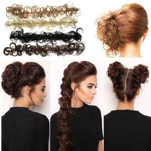 Chignon Chignon Synthetic Sc​​runchie Messy Hair Bun Chignon Elastic Band Fake Hairpiece Curly Tail Bundle Ponytail Updoアクセサリー