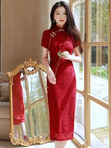 Ethnic Clothing Wine Red Wedding Cheongsam Short Sleeve Vintage Improved Women Summer Lace Dress Slim-fit Elegant Qipao S To XXL