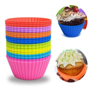 Moulds 12/24 Pack Silicone Baking Cups Reusable Muffin Liners NonStick Cup Cake Molds Set Cupcake Christmas Gift (Color Random)