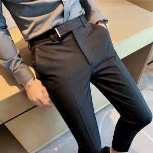 Pantolon Moda Çizgili Takım Pantolon Erkekler İçin Resmi İş Elbise Pantolon Kore İnce Fit Klasik Sıradan Pantolon Gri Siyah
