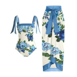 Cover-Up Fashion Blue Floral Print One Piece Swimsuit and Skirt Women Swimwear 2023 Push Up Окружение Элегантное бикини для купания пляжная одежда