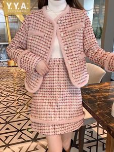 Herbst Winter Women Elegante passende Sets Warn Warned Futter Tweed Jacket High Taille Aline Rock Office Damen zweiteilige Set 240426