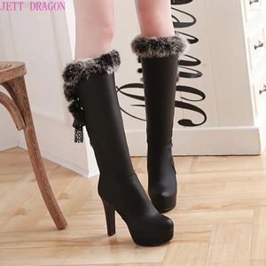 Buty Fash Futro Kolan High Damska okrągła palec u nóg zimowy obcas długi but Keep Warm Buty Buty Kobiety szpilki Bottes White