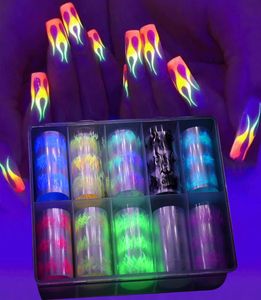 10 RollBox Luminous Fire Flame Foil Conjunto de unhas Transferência de arte Decal