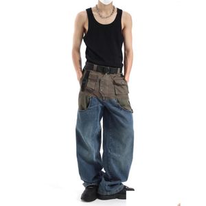 Mäns jeans män arbete baggy wide ben byxor män dog denim byxor manliga överdimensionerade japanska streetwear safari stil casual drop leverera ot5ce