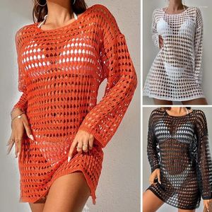 Hollow Summer Sexy Bikini ukryć O-Neck Długie rękaw szydełka sukienka na plażę Solidny kolor stroju kąpielowego na wakacje