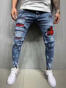 Mäns jeans fashionabla europeiska och amerikanska öppna främre mens jeans gata tryckta byxor lappkläder elastiska pennbyxor q240427