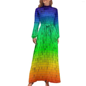 Casual klänningar abstrakt solnedgång klänning långärmad synlig ljus tryck sexig maxi hög midja street stil design boho strand lång