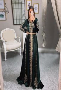 Velvet Moroccan Kaftan Evening Dresses hunter green Golden embroidery Appliques Saudi Arabic Muslim long sleeve Prom Gown7245020