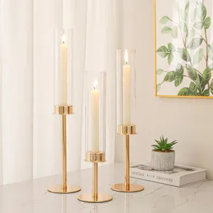 Candle Holders 3Pcs Candlestick Windproof Gold Taper Stand Modern Glass For Outdoor Wedding Christmas Deco