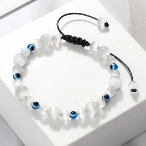 Strands Blue Evil Eye Beaded Bracelets Natural Cat Eye Stone 6 8mm Opal Men Bangles Adjustable Women Bracelet Lucky Yoga Jewelry Gifts