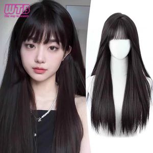 Syntetiska peruker WTB Syntetiskt 65 cm koreansk långt rakt hår peruk naturligt med lugg q240427