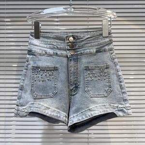 Women's Shorts PREPOMP 2024 Summer Collection High Waist Rhinestone Diamonds Pockets Slim Blue Denim Women Short Jeans GP950