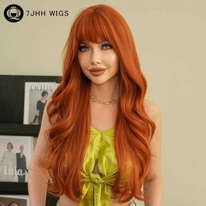 Sentetik peruklar 7jhh peruk giysileri sentetik gevşek vücut dalga turuncu, düzgün patlamalar ile kadınlar için uygun yüksek yoğunluklu saçlar günlük toplantılar q240427
