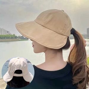 Wide Brim Hats Bucket Summer wide Sunhat womens sun hat foldable and adjustable outdoor beach bucket UV protection cover fishermans ponytail Q240427