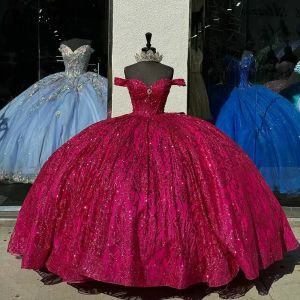 Fuchsia brokat krystalicznie cekinowa suknia balowa quinceanera sukienki z kokardki na ramię słodki 16 vestidos de 15 anos