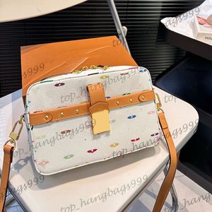 Womens Latest Designer Printed Colorful Letter Old Flower Camera Bags Zipper Large Capacity Real Leather Strap Adjustable Strap Crossbody Handbags 23X15CM