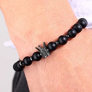 Bärda mode Frosted Stone och Zircon Combination Stitching Crown Armband Pärled Elastic Mens Womens Pulseira