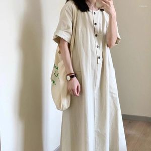 カジュアルドレス韓国のファッションビンテージ女性のための夏のゆるいシャツマキシサマールーズシンプルなラインポケット長いローブ