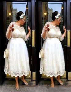 Lace plus size vestidos de baile curtos 2018 comprimento de chá uma linha vestidos de noite ilusão mangas compridas mulheres vestidos personalizadas barata3303705