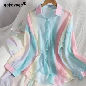 Shirt 2022 Gradienten Regenbogenhemden Frauen elegante Urlaub im Freien sonnenproofes Langarm Revers weiblicher koreanischer Mode dünne Chiffonbluse