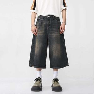 Herren Jeans 2024 Korean Fashion Summer Herren Vintage Wide Leg Knie Länge kurzer Blitz geeignet für Q240427