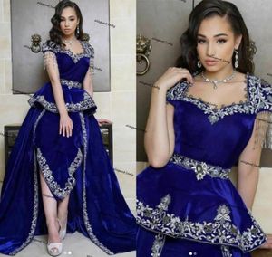 Mermaid Moroccan Kaftan Prom dresses With Tassel royal blue peplum Algerian outfits Karako Velour Appliques Islamic evening Gown9189846