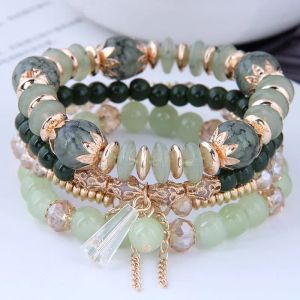 Strands Diezi coreano Trendy Multicolor Green Crystal Beads Bracelets Mulheres Girlas Elastic Tassel Wrap Pulseira feminina