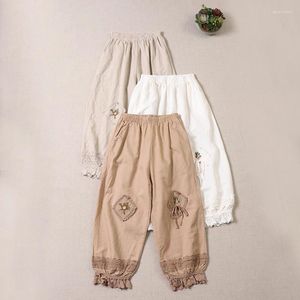 Frauenhose Frühling japanischer Stil Mori Mädchen Stickerei Spitze Harem losen Baumwollwäsche lässig Clopped Cropped