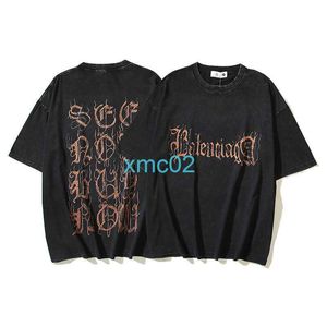 2024 Spring/Summer New T-shirt Saint Gothic Religious Sanskrit Print Wash Vintage korta ärmar