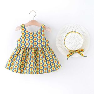 Girl's Dresses 2 pieces/set Summer Baby Girl Dress Str Hat Baby Girl Big Bow Full of Flower Print Hanging Strap Dress