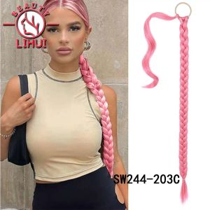 Hästsvansar hästsvansar lihui hästsvans syntetiska boxningsflätor lindas runt chignon svans med gummiband hårring 34 