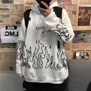 Sweatshirts Erkek Hoodies Sweatshirts Sonbahar Gevşek Diken Erkek Retro Alev Baskı Hoodie Kore