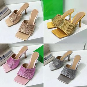 Stiletto Women's Slippers Slides Mule Sandals Crystal Decorated Open Toee Evening Shoes Designer High Heels Factory Footwear with Box Original Quality