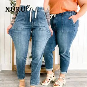 Xuru - Europeiska och amerikanska stora fickelastiska jeans för kvinnor street casual rak jeans n10 -l205 240419