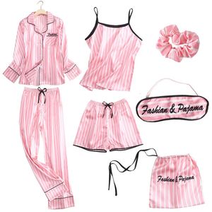 7 кусочков пижамы Осенний женский костюм Ледовый шелк шелк шелк розовый полосатый пижамный переход домашний костюм Pijama 240426