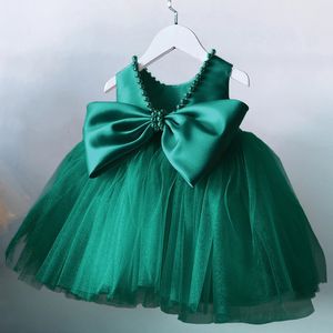 Green Christmas Dress for Girls Childrens First Birthday Party Dress Elegant Princess Bead Backless Baby Girl Wedding Vest 240424