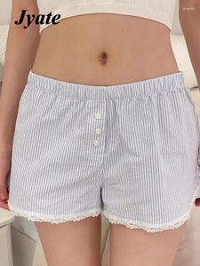 Kvinnors shorts blå ränder söt kvinna 2024 sommar elastisk hög midja spets trimknappar korta byxor kvinnliga söta casual flicka underkläder
