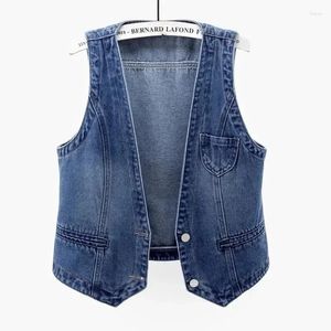 Kvinnors västar vintage denim västjacka 2024 våren kort smal ärmlös kappa väst singelbröst blå casual toppar