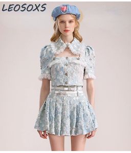 Women's Trendy Denim Suit Skirt Retro Personalized Lace Stitching Hollow-out Short Top Distressed High Waist Skirt Two-Piece Set 240419