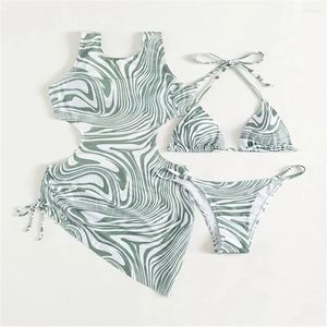 Damen Badebekleidung Wellendruck Bikini Tanga Tanga Halfer Badeanzug Draw String hohl aus der Vertogung 3-teilige Frauen Bikinis Set Strandbekleidung Badeanzug