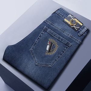 Autumn New Embroidered logo head Mens Ripped Slim Fit Elasticity jeans men's straight Business Famous classic Casual Trousers Casual Trousers wholesale V0292