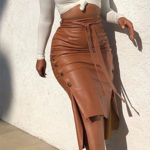 Skirts Women's PU Leather Midi Skirt Monochromatic High Waist Lace-up Side Button Slim Skinny Pencil Ladies Streetwear Trendy