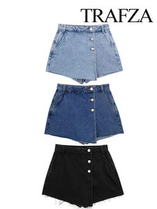 Trafza sommarkvinnor mode oregelbundna vintage fast färg minikjol denim kjol kort kvinnlig chic asymmetrisk knapp kjol 240419