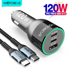 Laddare Wotobeus 120W 3Port USB C -billaddare, snabb laddning PPS PD 65W/45W/30W QC5 för Xiaomi MacBook HP Laptop iPhone12 Samsung S21