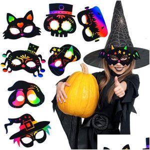 Party Masks Magic Rainbow Scratch Målning Mask Cartoon Pumpkin Ghost Bat Spider Childrens Education Toy Halloween Diy Toys 230607 D DHX3U