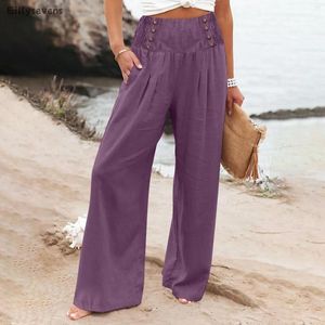 Women's Pants For Women Summer Cotton Linen Wide Leg Loose Palazzo Pant Pocket Elastic Waist Button Casual High Trousers