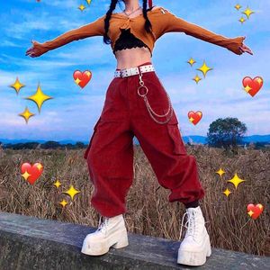 Women's Pants Y2K High Street Chain Accessories Corduroy Overalls Hip-hop Style Loose Adjustable Waist Drawstring Trousers Streetwear 90s