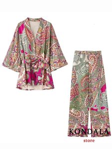 KONDALA Bermuda Women Suits 2 Pieces Summer Oversized Long Floral Print Sashes KimonoHigh Waist Wide Leg Pants Holiday Set 240419